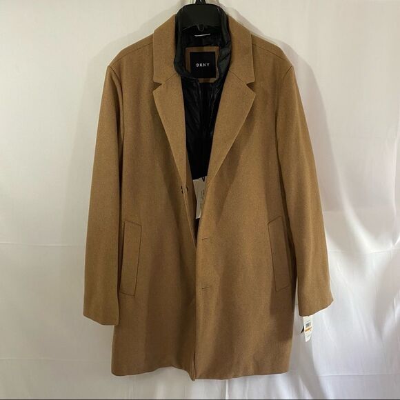 DKNY Men’s Wool Blend Coat Removable Quilted Bib Camel - Picture 3 of 10